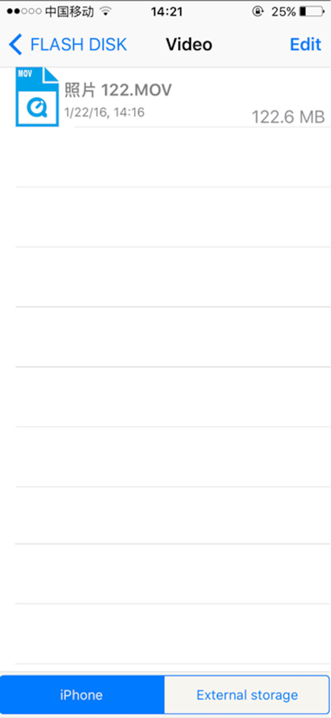 i-USB-Storer app interface displaying a video file stored on the device