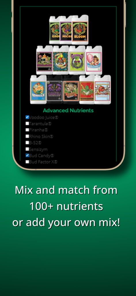GrowApp | Cannabis App - Nährstoffauswahl-Oberfläche in GrowApp für fortschrittliche Cannabis-Düngepläne.