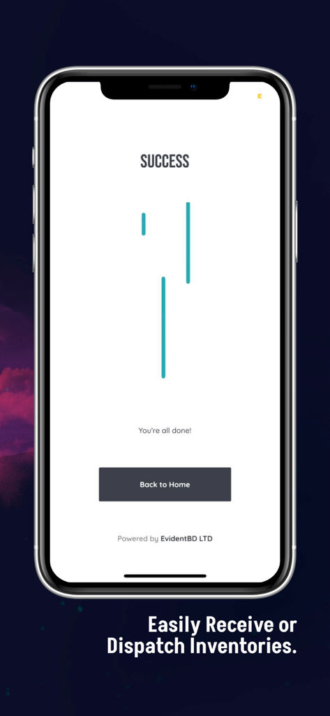 Inventory Keeper Application - Success confirmation screen in the Inventory Keeper app after receiving or dispatching inventory