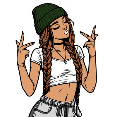 realistic teenage girl with braids and a beanie and crop top doing 🫶🏼