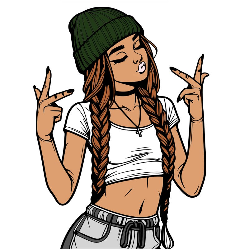 realistic teenage girl with braids and a beanie and crop top doing 🫶🏼