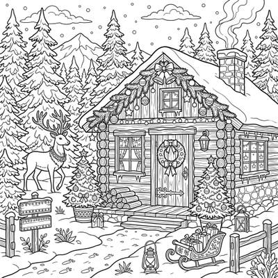 Step into a winter wonderland with this charming Christmas hunting cottage coloring page. Adorned with festive decorations and surrounded by a snowy forest, it promises a delightful holiday escape.