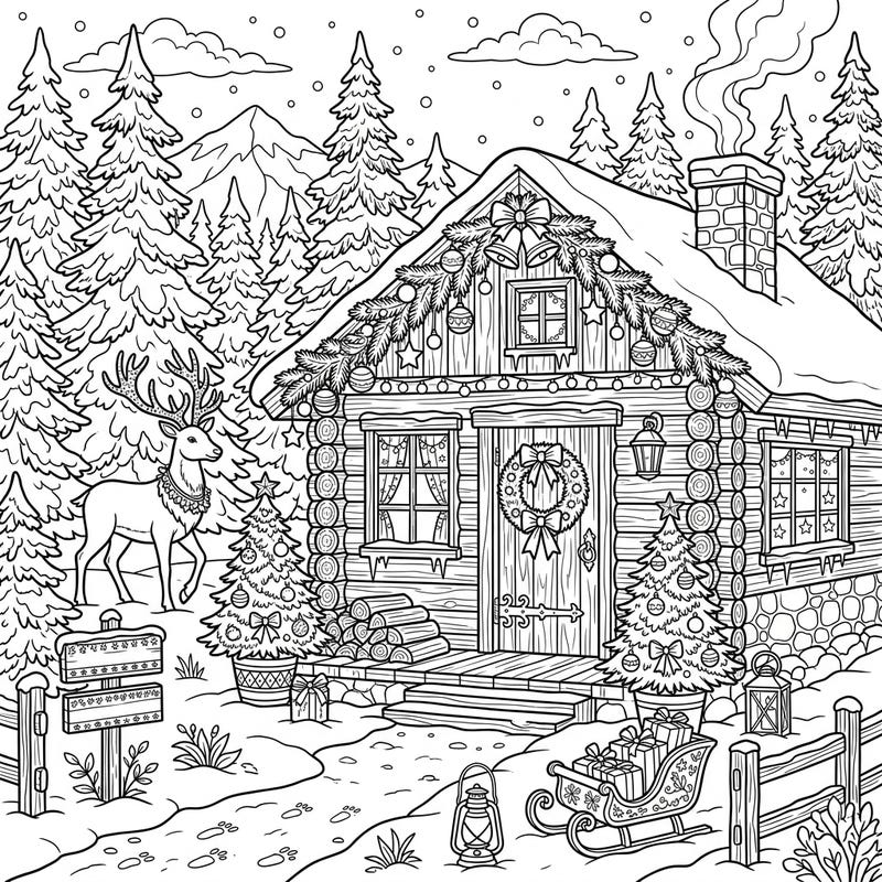 Step into a winter wonderland with this charming Christmas hunting cottage coloring page. Adorned with festive decorations and surrounded by a snowy forest, it promises a delightful holiday escape.