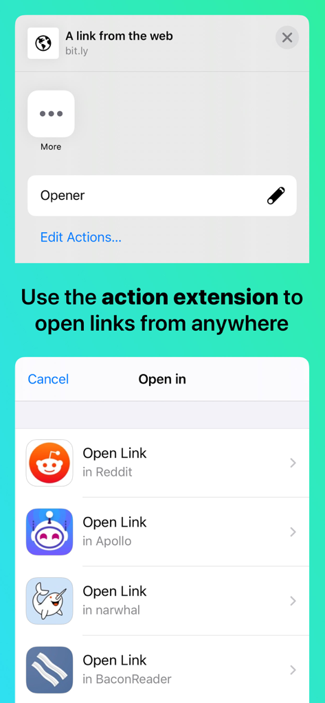 Opener action extension menu on iOS showing options to open web links in native apps like Reddit and Apollo.