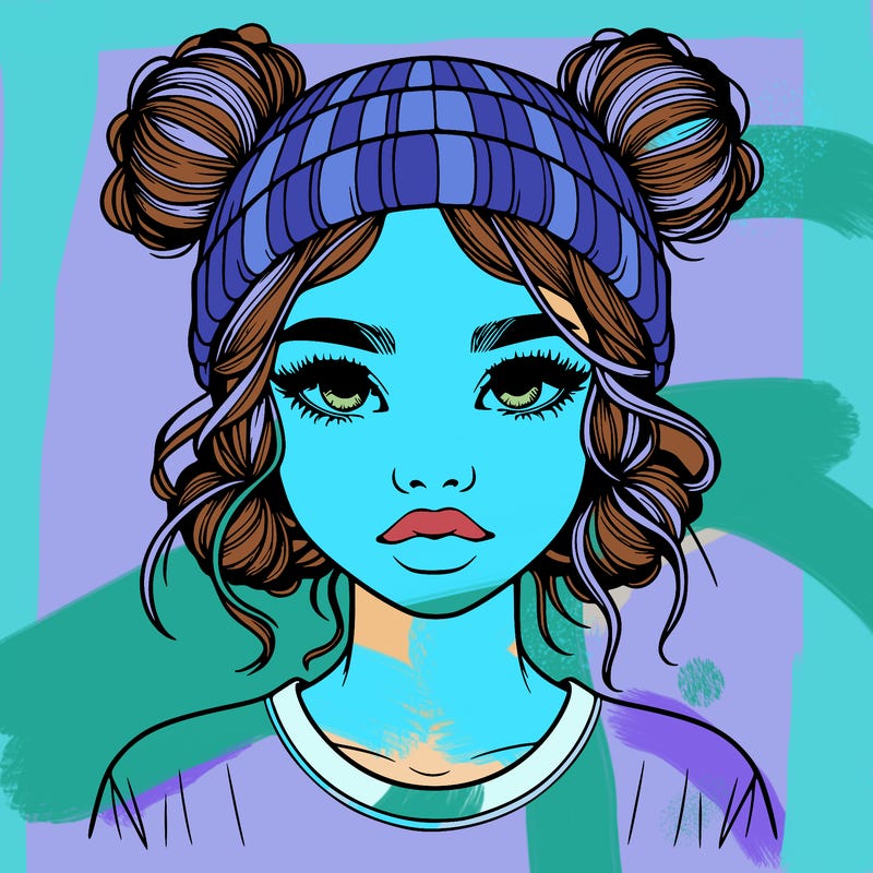 realistic girl with buns in her hair with a beanie on