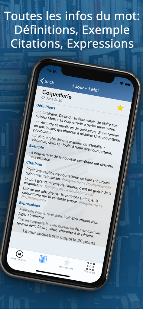 Detailed definition and examples for a French word in the 1 Jour 1 Mot app