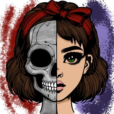 realistic girl with half skull mask