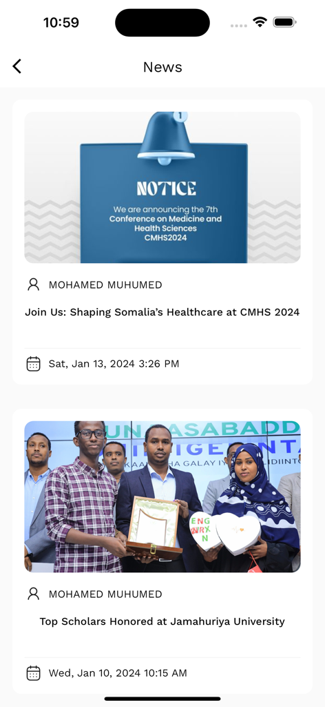 Jamhuriya University - News feed in the Jamhuriya University app showing academic notices and student award ceremonies