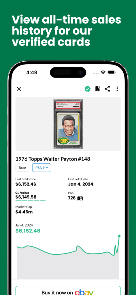 Card Ladder app showing price history and market data for a 1976 Walter Payton football card