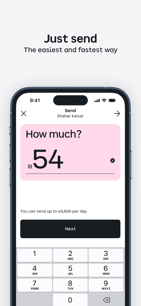 Smartphone screen showing the bit app interface for sending money in Shekels