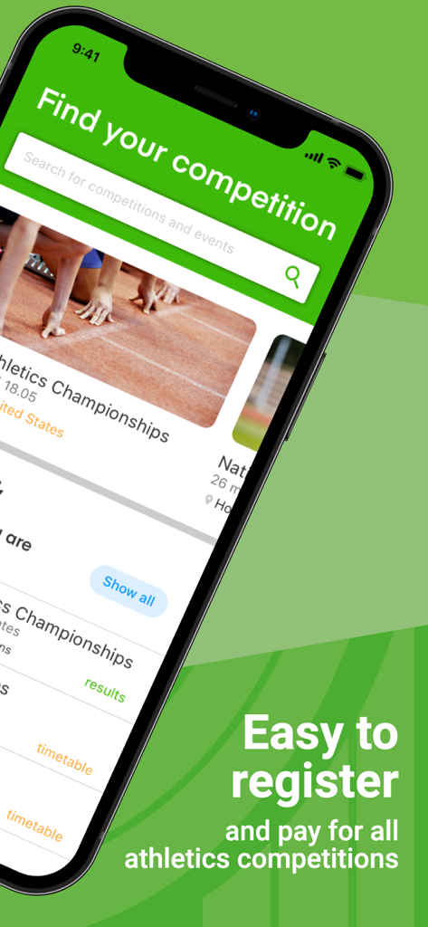Athletics.app interface showing competition search and registration for track and field events