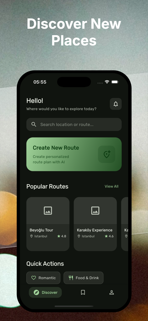 Route Mind app interface showing the home screen with options to create a new route with AI and popular tour suggestions in Istanbul