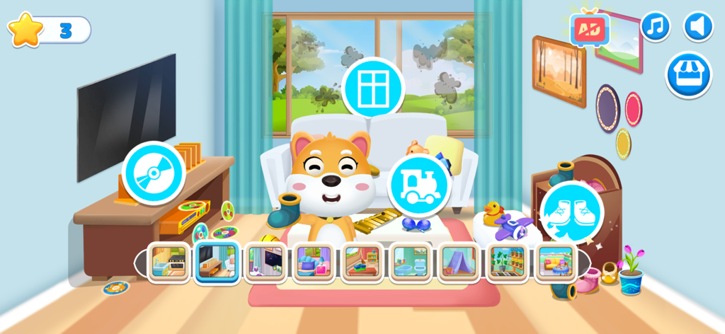 Cleanup Home: Cleaning Games - Cartoon living room scene with a puppy and interactive cleaning task icons