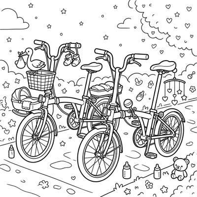 Get ready to welcome a new bundle of joy with this charming baby shower folding bikes coloring page. Adorned with storks, cradles, and cute nursery essentials, it's a delightful way to celebrate.