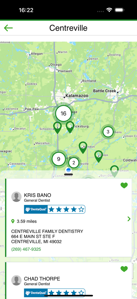 Delta Dental mobile app search results showing a map with dentist locations and provider ratings