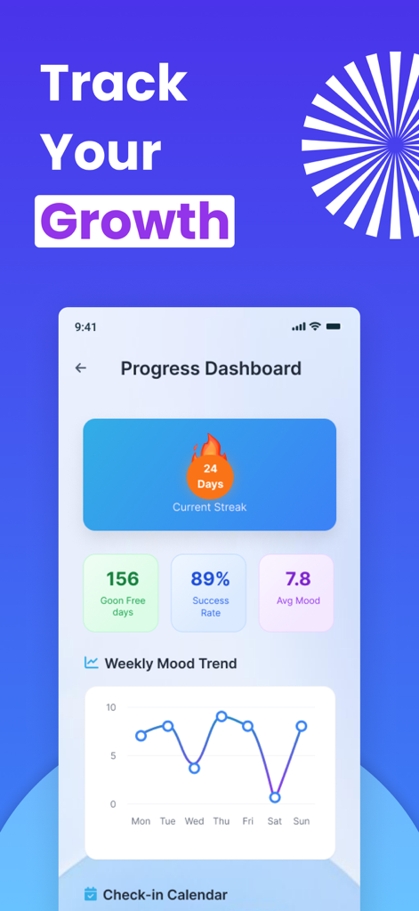 GoonFree - Stop Gooning & Porn - Painel de progresso do aplicativo GoonFree exibindo uma sequência de 24 dias, taxa de sucesso e gráfico de tendência de humor semanal.