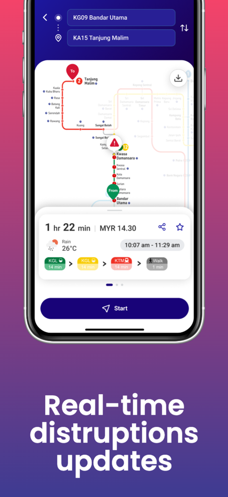 Mobile screenshot of the MyRapid PULSE journey planner showing a transit route from Bandar Utama to Tanjung Malim with real-time disruption alerts and trip cost
