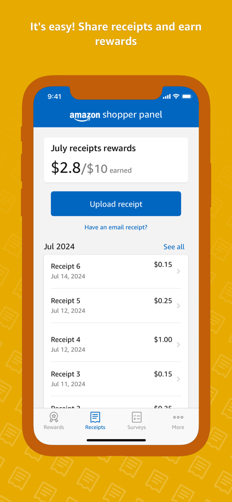 Amazon Shopper Panel - Interfaz de la aplicación Amazon Shopper Panel que muestra el progreso de las recompensas mensuales por recibo y un botón para subir recibo.