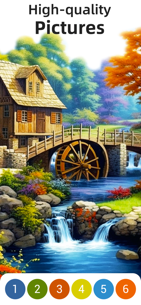 Super Color® - Paint by Number - A peaceful landscape with a rustic watermill house and waterfalls in the Super Color paint by number app