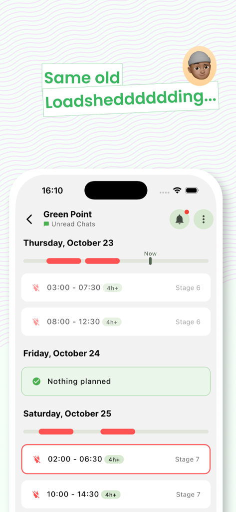 ESP EskomSePush app displaying a load shedding schedule for a specific suburb