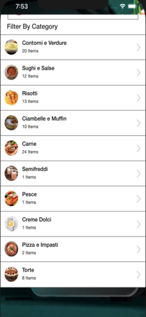 Screenshot of the Ricette per Mambo app showing a list of recipe categories including sauces meat and desserts