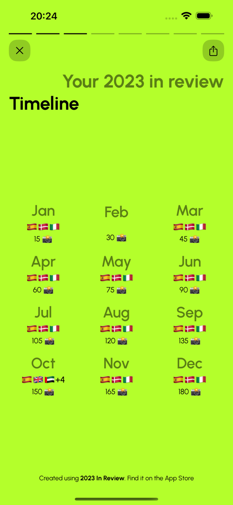 Yearly timeline summary showing monthly travel flags and photo counts on a bright green background