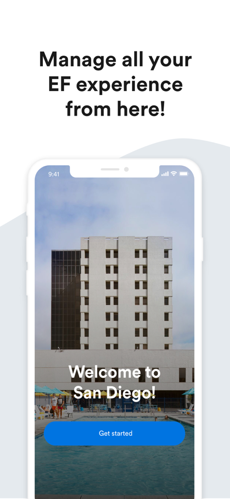 Smartphone displaying the EF Campus Connect welcome screen for San Diego