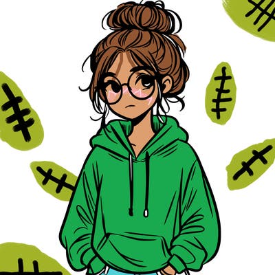 teen girl with a messy bun and glasses wearing a loose hoodie and jeans