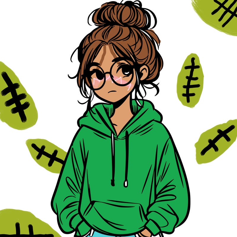 teen girl with a messy bun and glasses wearing a loose hoodie and jeans