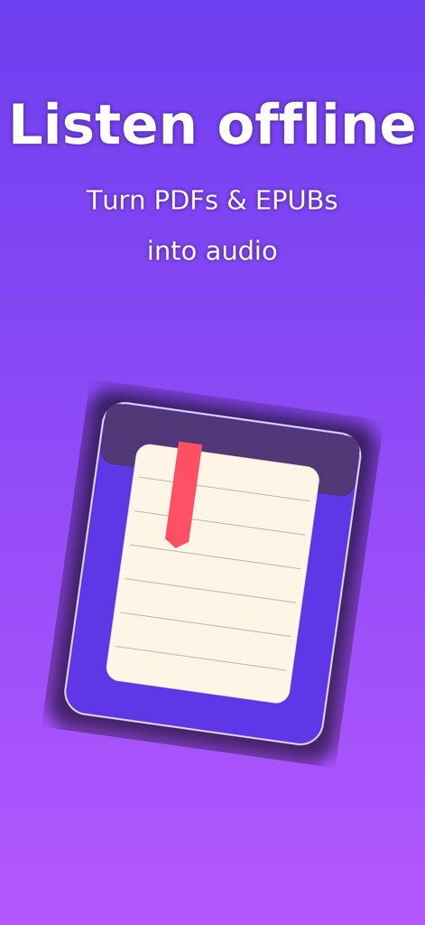 Libri Audiobooks - Una pantalla promocional de Libri Audiolibros mostrando el texto 'Escuchar sin conexión' y 'Convierte PDFs y EPUBs en audio'.