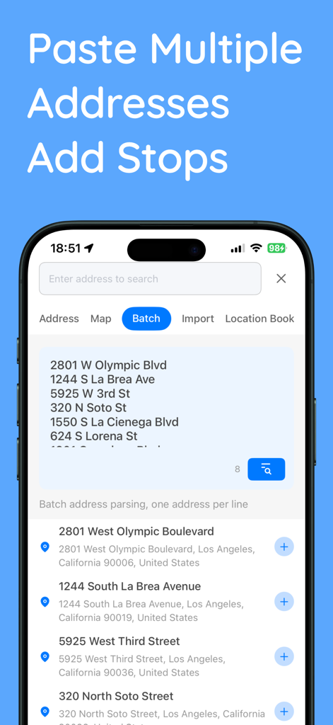 Interface do aplicativo Loop Route Planner mostrando o recurso de análise de endereços em lote para adicionar várias paradas de entrega rapidamente