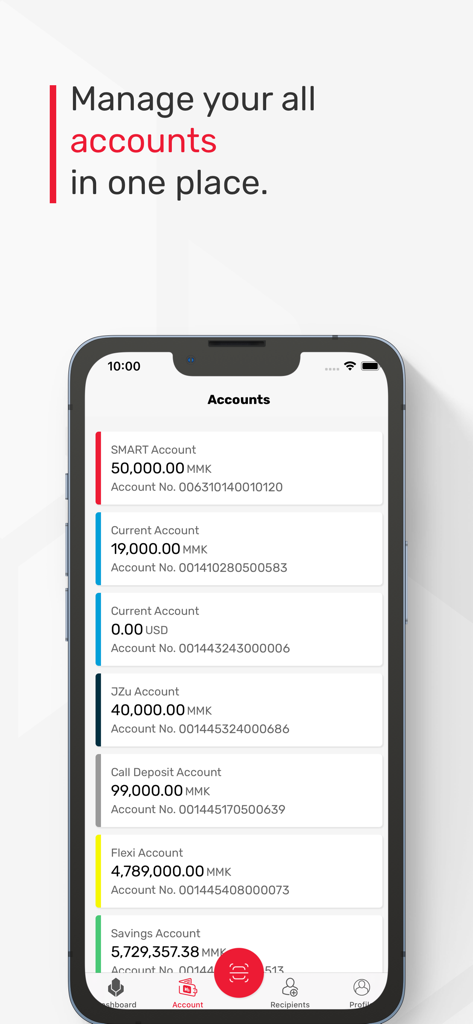 Yoma Bank Next app screenshot displaying a list of different bank accounts with balances in MMK and USD.