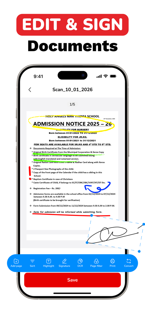 모바일 인터페이스에서 디지털 서명 및 강조 도구를 사용하여 PDF 문서 편집 및 서명