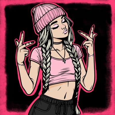 realistic teenage girl with braids and a beanie and crop top doing 🫶🏼