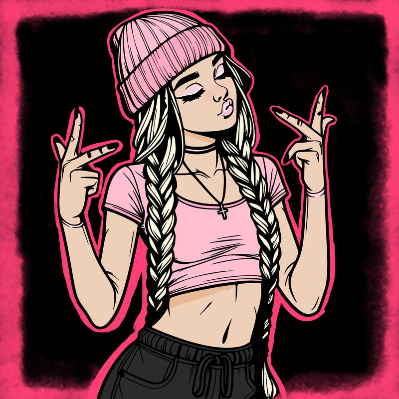 realistic teenage girl with braids and a beanie and crop top doing 🫶🏼