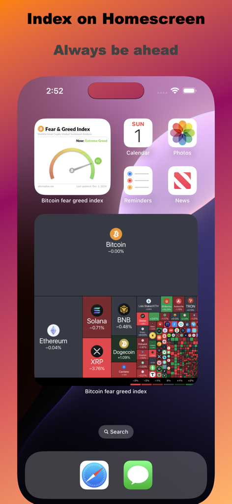 Tela inicial do iPhone com widgets do Índice de Medo e Ganância de criptomoedas e gráfico de calor do mercado