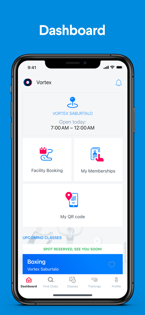 Vortex Fitness - Interface do aplicativo Vortex Fitness mostrando o painel com opções de reserva de academia e assinatura