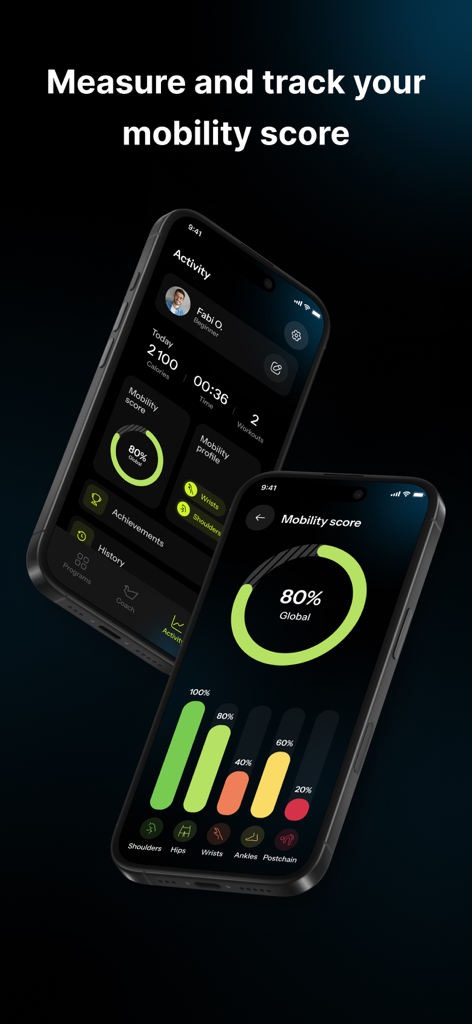 Limber app dashboard showing global mobility score and body part breakdown charts.