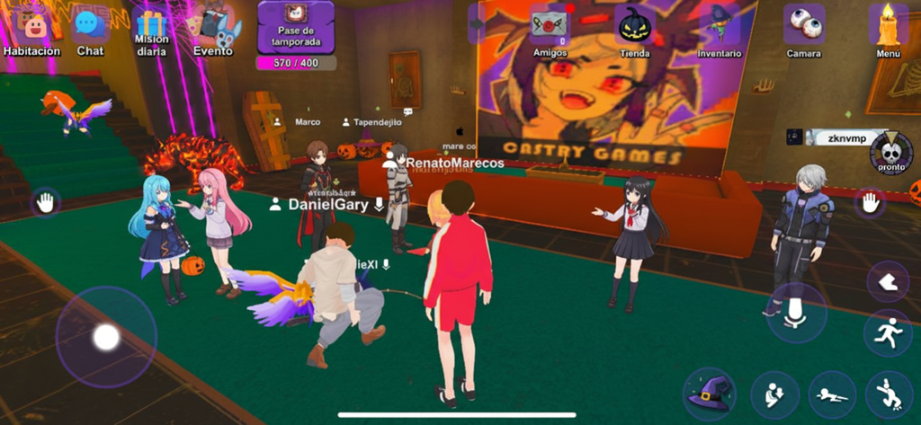 Group of anime avatars interacting in a virtual 3D room with a large screen background