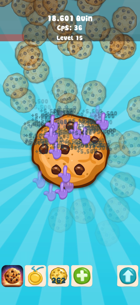 Cookie Clicker! - Idle Game - クッキークリッカーモバイルゲームのインターフェースで、複数の紫色の指ポインターが大きなチョコレートチップクッキーをタップしている
