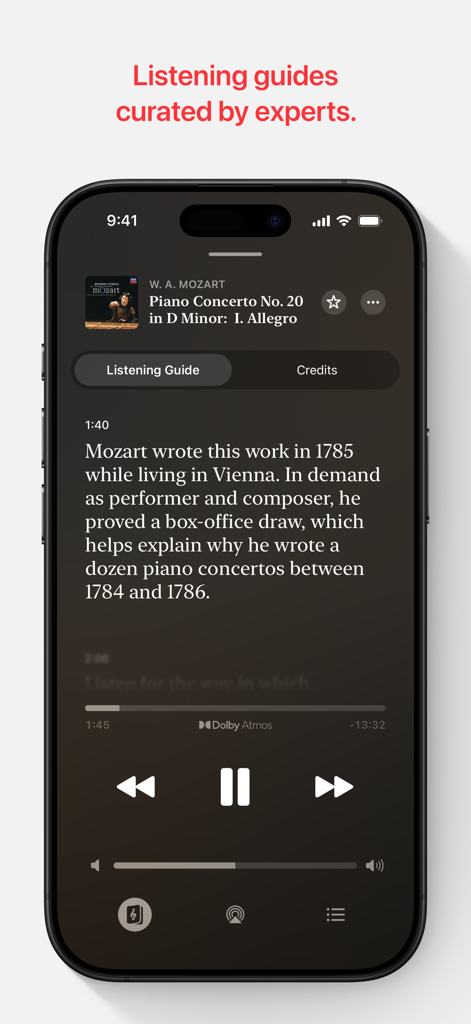 Apple Music Classical app displaying an expert curated listening guide for a Mozart concerto.