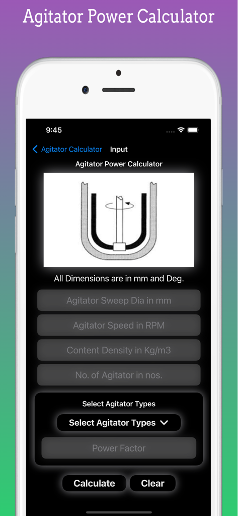 Agitator Design Pro - Agitator Power Calculator interface showing input fields for dimensions, speed, and material density with a technical vessel diagram.