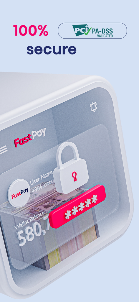 FastPay Wallet security screen showing PCI PA-DSS validation and secure PIN entry.
