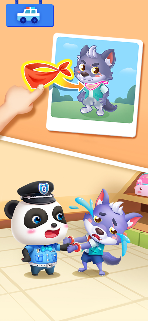 Baby Panda's School Bus - Baby Panda dressed as a police officer interacting with a wolf character