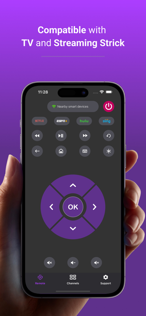 Ruku Tv remote onn control tcl - Interface of a Roku TV remote app on an iPhone showing playback controls and channel shortcuts