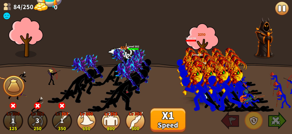 Stick Giant: Infinite Kingdom - Two stickman armies clashing on a battlefield with unit recruitment icons and game controls