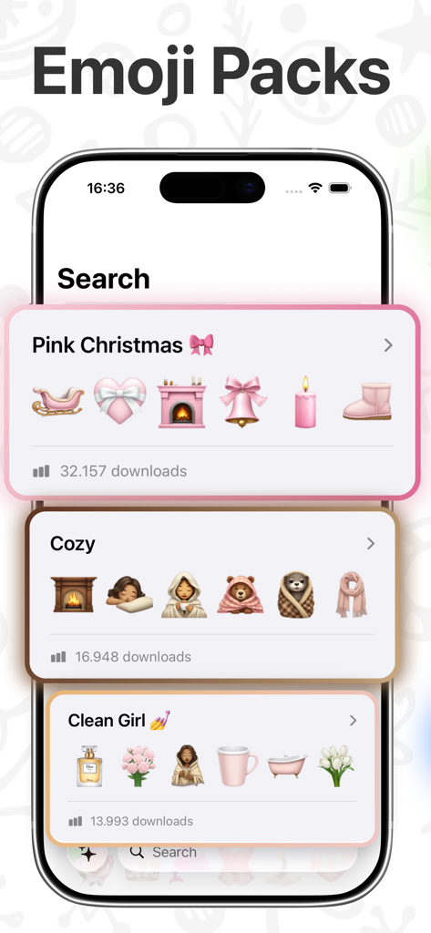 Mojify: AI Emoji Maker - Mojify mobile app interface showing various curated emoji packs like Pink Christmas and Clean Girl