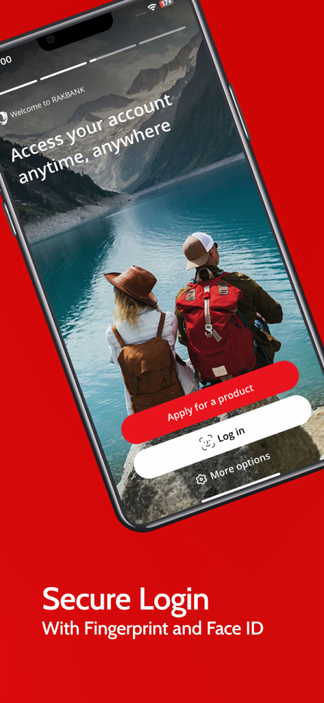 RAKBANK App - RAKBANKモバイルアプリのログイン画面。安全な指紋認証と顔認証アクセスを強調しています。