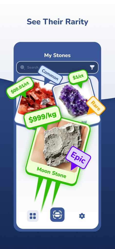Rock and Mineral Identifier AI - Una pantalla de aplicación móvil que muestra una colección personal de rocas con etiquetas de rareza y valor de mercado estimado