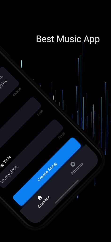 AI Music & Cover Generator app interface showing a Create Song button and audio visualizer background.